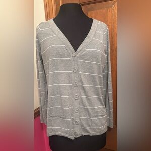 Talbots Gray Striped V-Neck Button Cardigan Sweater Top size L